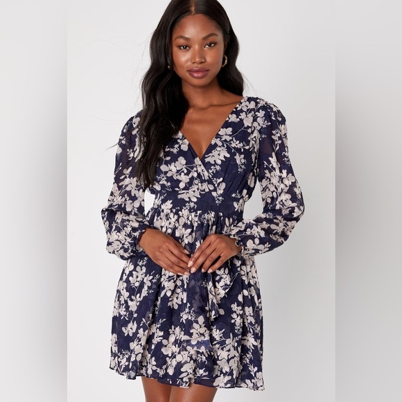 Lulus Dresses & Skirts - Lulu’s Darling Expression  Blue Floral Balloon‎ Sleeve Mini Dress Sz medium NWT